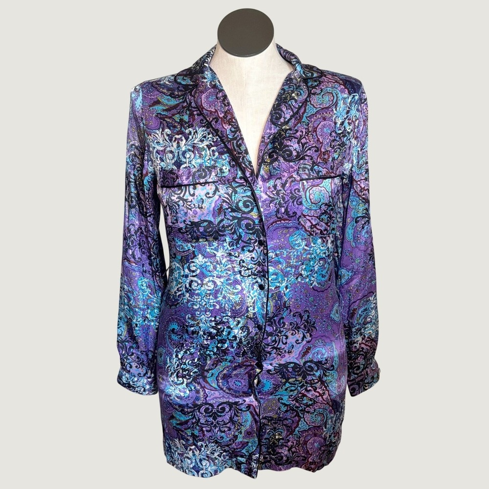 Etcetera Pajama Shirt Dress 6 Purple Silk Paisley Mini Whimsical Luxury Boho